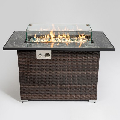 VYNXARIA 44" Propane Gas Fire Pit Table,50000 BTU Rectangular Fire Pit,Tile Tabletop with Beautiful Wicker Base,Brown