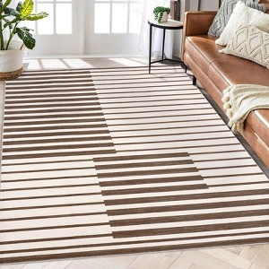Area Rugs: Washable Non-Slip Modern Abstract Stripes Carpet, Soft Low Pile Foldable Stain Resistant Rugs for Living Room, Bedroom, Home, Brown - 1 of 4