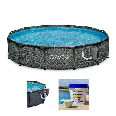 Summer Waves P20012331 Active 12ft x 33in Round Frame Above Ground Swimming Pool Set with Skimmer Filter Pump, Cartridge & Solution Blend, Gray Wicker