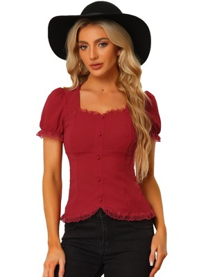INSPIRE CHIC Women's Square Neck Solid Color Puff Short Sleeve Lace Up Gothic Blouse
