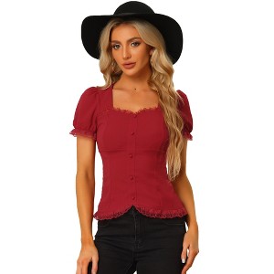 INSPIRE CHIC Women's Square Neck Solid Color Puff Short Sleeve Lace Up Gothic Blouse - 1 of 4