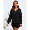 2 Piece Lounge Sets for Women V Neck Lantern Long Sleeve Hooded Top and Drawstring Shorts Sweatsuit Outfits - 2 of 4