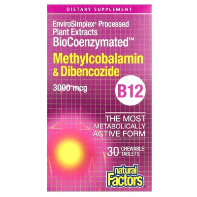 Natural Factors BioCoenzymated, Methylcobalamin & Dibencozide, B12, 3,000 mcg, 30 Chewable Tablets