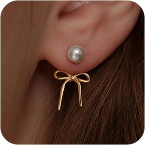 Pearl Earrings for Women Gold Hoop Earrings for Women Trendy 14K Gold Plated/Silver Bow Pearl Huggie Earring Hoops Rope Bow Stud Pearl Cubic Zirconia - 1 of 4