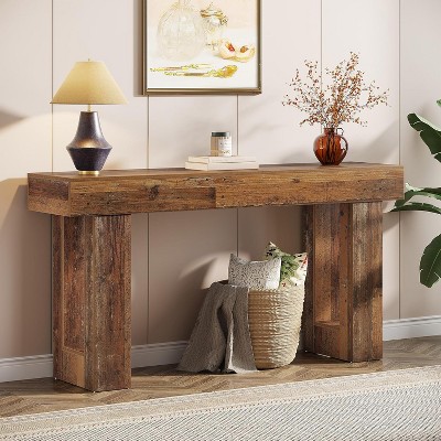 HDZNVF 63 in Extra Long Farmhouse Console Table, Rustic Mix Brown Wooden Rectangular Sofa Table Behind Couch