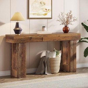 HDZNVF 63 in Extra Long Farmhouse Console Table, Rustic Mix Brown Wooden Rectangular Sofa Table Behind Couch - 1 of 4