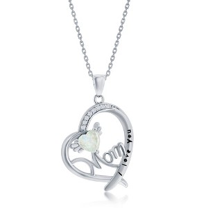 Opalata Sterling Silver, 'I Love You Mom' Angel Wing, CZ Heart 18" Pendant Necklace - White Opal - White - 1 of 2