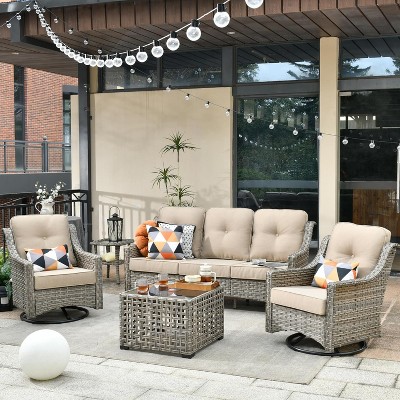 XIZZI 5 Pieces Conversation Set with Swivel Rocking Chair, 3-Seat Sofa with Cushion, Coffee Table, Outside Rattan Sofa Set for Garden Backyard