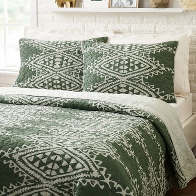 Aisha Green and Gray Cotton King Quilt Set