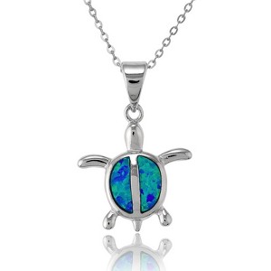 Opalata Sterling Silver Blue Inlay Opal Small Turtle 18" Pendant Necklace - Blue - 1 of 2