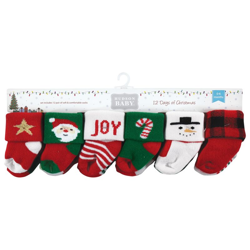 Hudson Baby Infant Boys Cotton Rich Newborn and Terry Socks, 12 Days Of Christmas Santa, 2 of 9