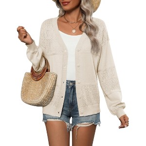 Womens Cardigan Casual Long Sleeve Lightweight Crochet Shrug V Neck Tops Button Down Soft Knit Sweater - 1 of 4