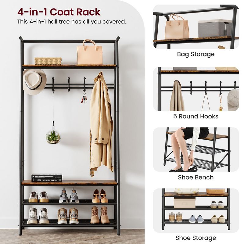 Coat Rack Shoe Bench, Entryway Hall Trees with Storage, Multifunctional Hallway Organizer with Metal Frame, 4-in-1 Hall Trees Shoe Bench, 39.4 Inch, 3 of 12