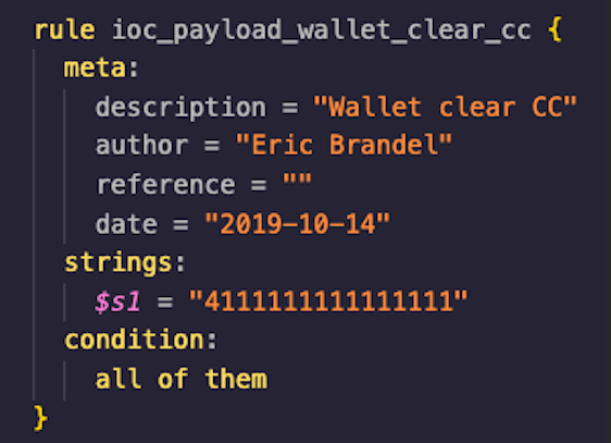 screenshot of code snippet describing a payload wallet rule with Eric Brandel listed as author