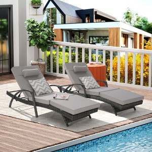 Kumasinova Set of 2 Outdoor Wicker Chaise Lounge Chairs with Cushions, Reclining Patio Poolside Loungers for Deck, Garden & Pool - 1 of 4