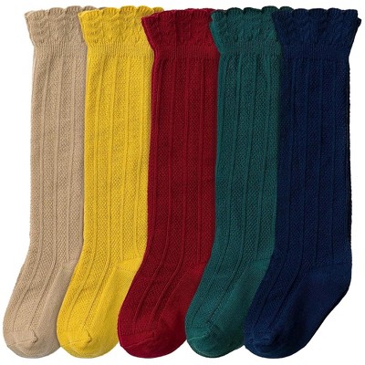 Cozyway Ruffled Knee-High Socks, 5 Pairs for Baby Girls, Rainbow Colors, 6-12 Months