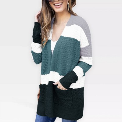 Women's Color Block Cardigan - Lightweight V Neck Crochet Knit Sweater with Open Front for Soft Comfy Knitwear