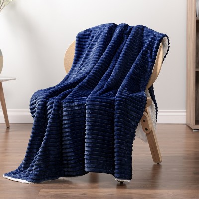 Navy Blue Reversible Sherpa Fleece Throw Blanket