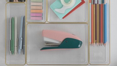 Clear Plastic Stackable Office Desk Drawer Organizers with Gold Trim, Set of 6