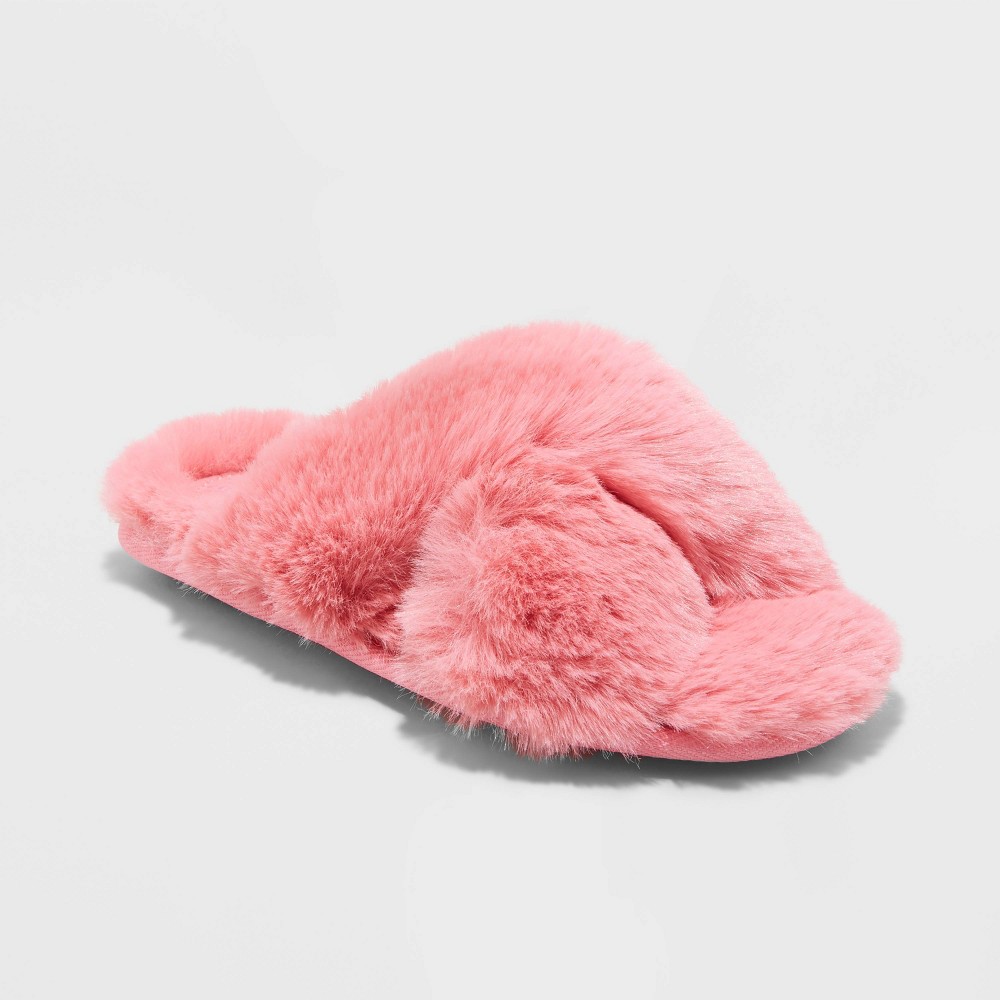 Size Large ( 4/5 ) Girls' Brooklyn Crossband Fur Slippers - Cat & Jack Vibrant Pink 