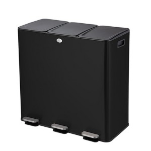 Home Zone Living 24 Gallon Triple-Compartment Stainless Steel Kitchen Trash Can with Step Pedals and Soft-Close Lids, Black - 1 of 4