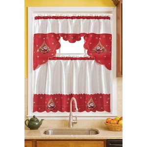 Home Mart Goods Red White Christmas Santa Claus Embroidery Kitchen Curtain 3PC Set Swag & Tiers Set - 1 of 4