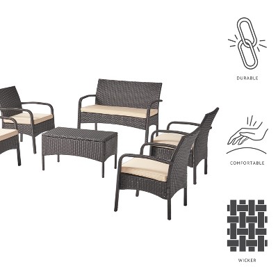 Brown and Tan Wicker 4 Person Outdoor Chat Set with Cushions