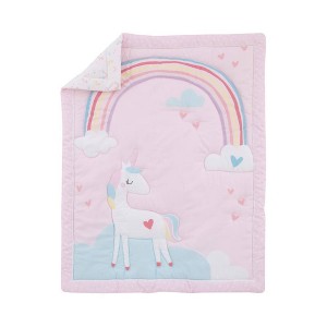 Little Love By NoJo Rainbow Unicorn Mini Crib Bedding Set - Pink/Aqua/Yellow 3pc - 1 of 4