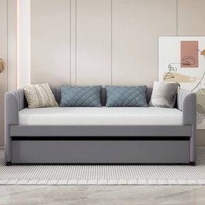 Twin Bed With Ergonomic Design Backrest And Trundle, Upholstered Bed Frame With A Twin Size Trundle, Grounded Bed Modern-Cuddlewood - 1 of 4