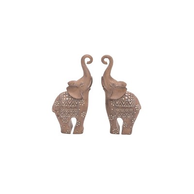 Transpac Resin 9 in. Brown Spring Ornate Elephants with Tribal Designs Set of 2
