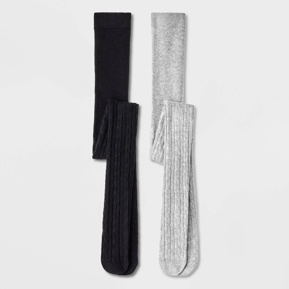 Girls' 2pk Cotton Tights - Cat & Jack™ Black/Gray M: High Waisted Knit Hosiery