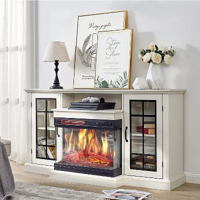 EcoSummer 59" Fireplace TV Stand for 65" TVs, Farmhouse Media Console with Electric Fireplace, Adjustable Flame & Glass Door Storage, White