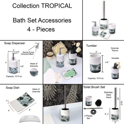 Tropical Leaf Ceramic and Wood 4-Piece Bathroom Accessory Set