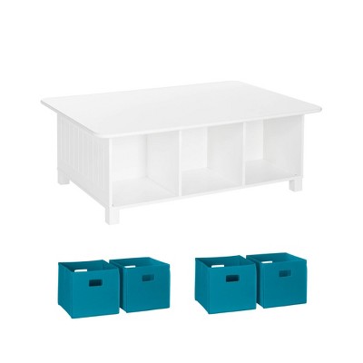 RiverRidge Kids' Desk, Activity and Play Table with 6 Storage Cubbies White with 4 Fabric Bins