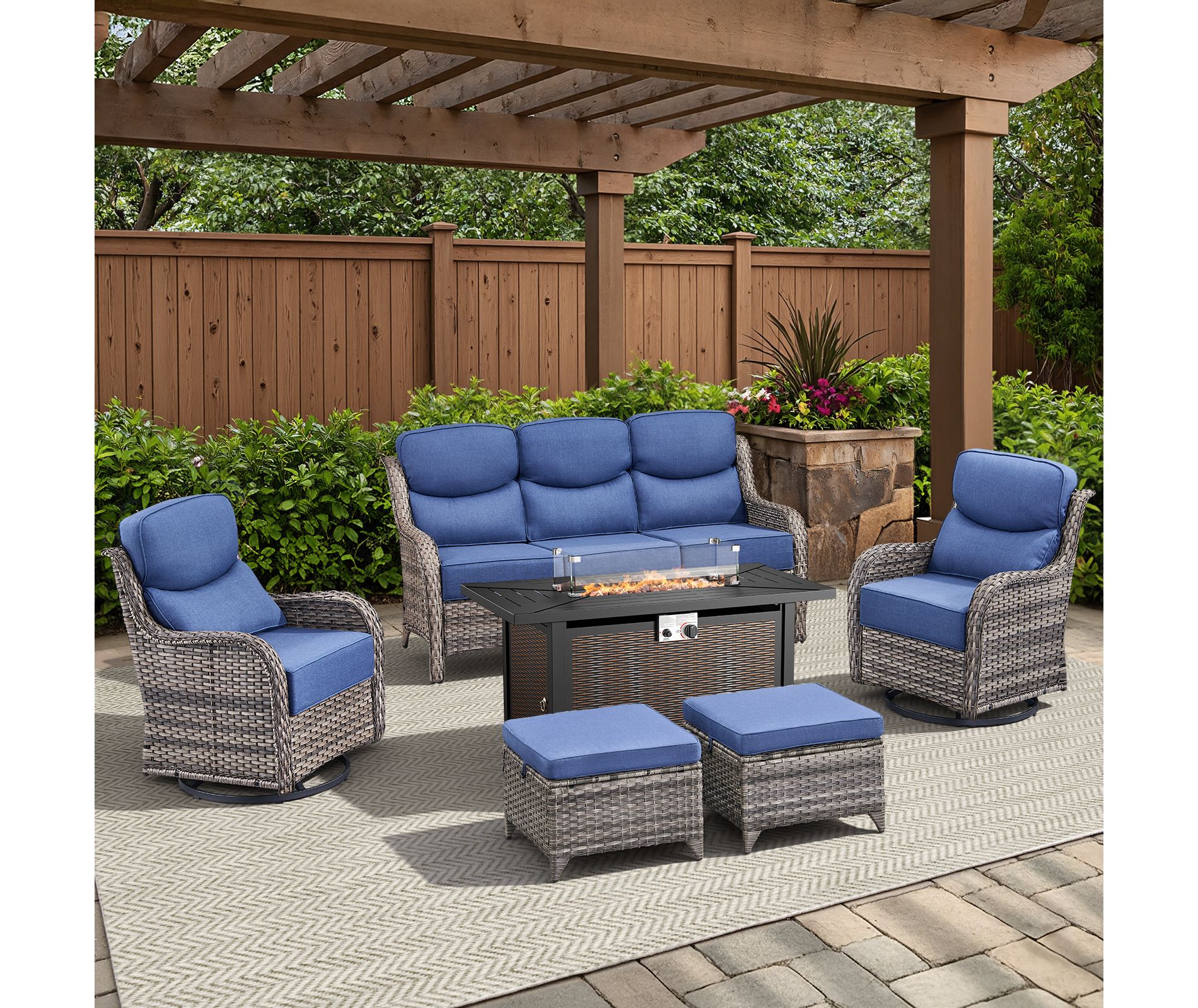 Belord All Weather Wicker Patio Furniture Set 6 Pieces, 6-INCH Extra Thick Cushion Outdoor Patio Firepit Set with Patio Sofa Swivel Chair and Ottoman
