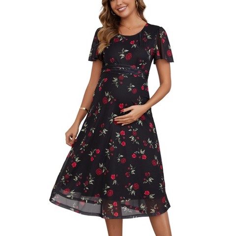 Женские платья INSPIRE CHIC Women's Maternity Flowy Floral Dress Midi Photoshoot Formal Casual Pregnancy Dress 2026 Summer X-Large Black Dress & Red Rose