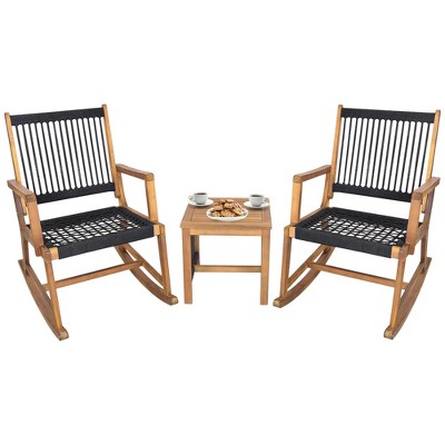 Tangkula 3 Piece Acacia Wood Rocking Chair Set w/ Coffee Table & All-Weather Rope Patio Poolside