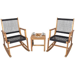 Tangkula 3 Piece Acacia Wood Rocking Chair Set w/ Coffee Table & All-Weather Rope Patio Poolside - 1 of 4