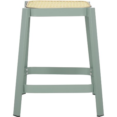 Aqua Smoke and Natural Cane Accent Stool with Iron Frame