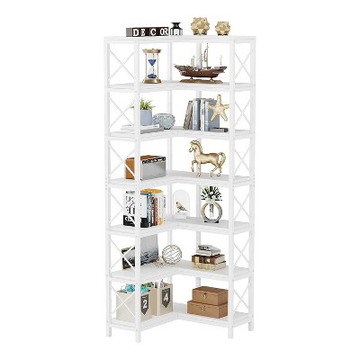 White 7-Tier Adjustable Corner Bookshelf with Metal Frame