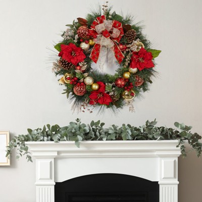 30 Inch Christmas Wreath - PVC Base, PE Plastic Leaves, Iron Wreath Frame, Warm White Lights, and Eight Function Lights