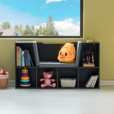 Black Wood Kids Bookshelf with Cushioned Reading Nook and Storage Cubes