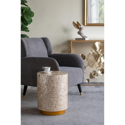 Kumasinova 14x14x20" Decorative Cylindrical Accent End Table,2-In-1 Stool with Gold & Black Capiz Shell Finish for Living Room,Premium MDF Side Table