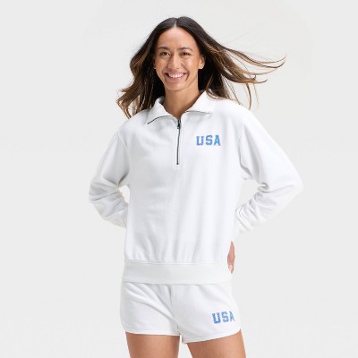Women's Graphic Quarter Zip Pullover Sweatshirt - Universal Thread™ White Letters