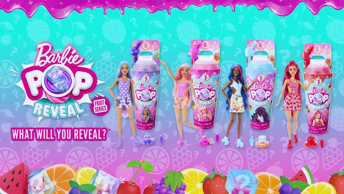 Barbie Pop Reveal Fruit Series Grape Fizz Doll, 8 Surprises Include Pet, Slime, Scent &#38; Color Change, 2 of 7, play video