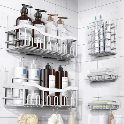 Attop White 5-Pack Rust-Resistant Stainless Steel Large Capacity Shower Shelves - No Drilling or Gluing Required Bathroom Storage Racks