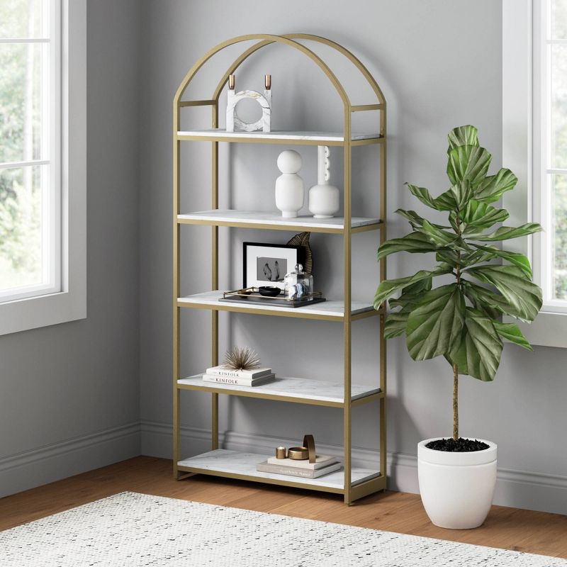 Nathan James 72.1&#34; Haven Metal 5 Shelves Arch Standing Storage Bookshelf White/Gold, 1 of 9