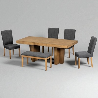 Farmhouse 6-Piece Extendable Dining Table Set with Bench and 4 Upholstered Chairs, 78.1" Rubberwood Kitchen Table with Trestle Legs