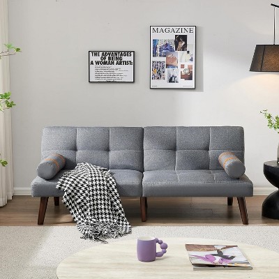 Acekool Convertible Futon Sofa Bed, Linen Recliner Couch with Wood Legs, Adjustable Backrest, Folding Armless Sleeper for Living Room, Grey