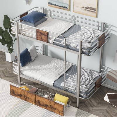 Whisen Modern Style Twin XL over Twin XL Metal Bunk Bed with Guardrail and Two Storage Drawers